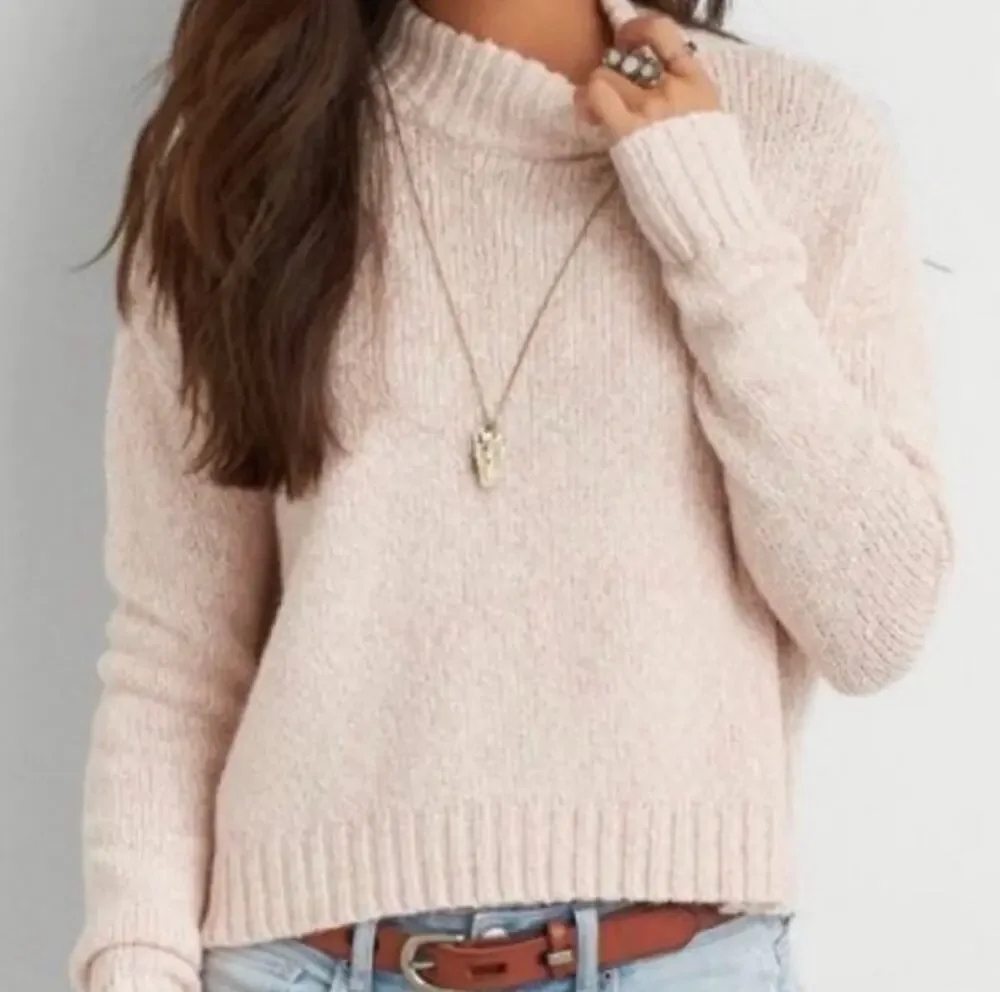 American Eagle Blush Pink Marled Knit High Neck Cropped Sweater Small Cozycore